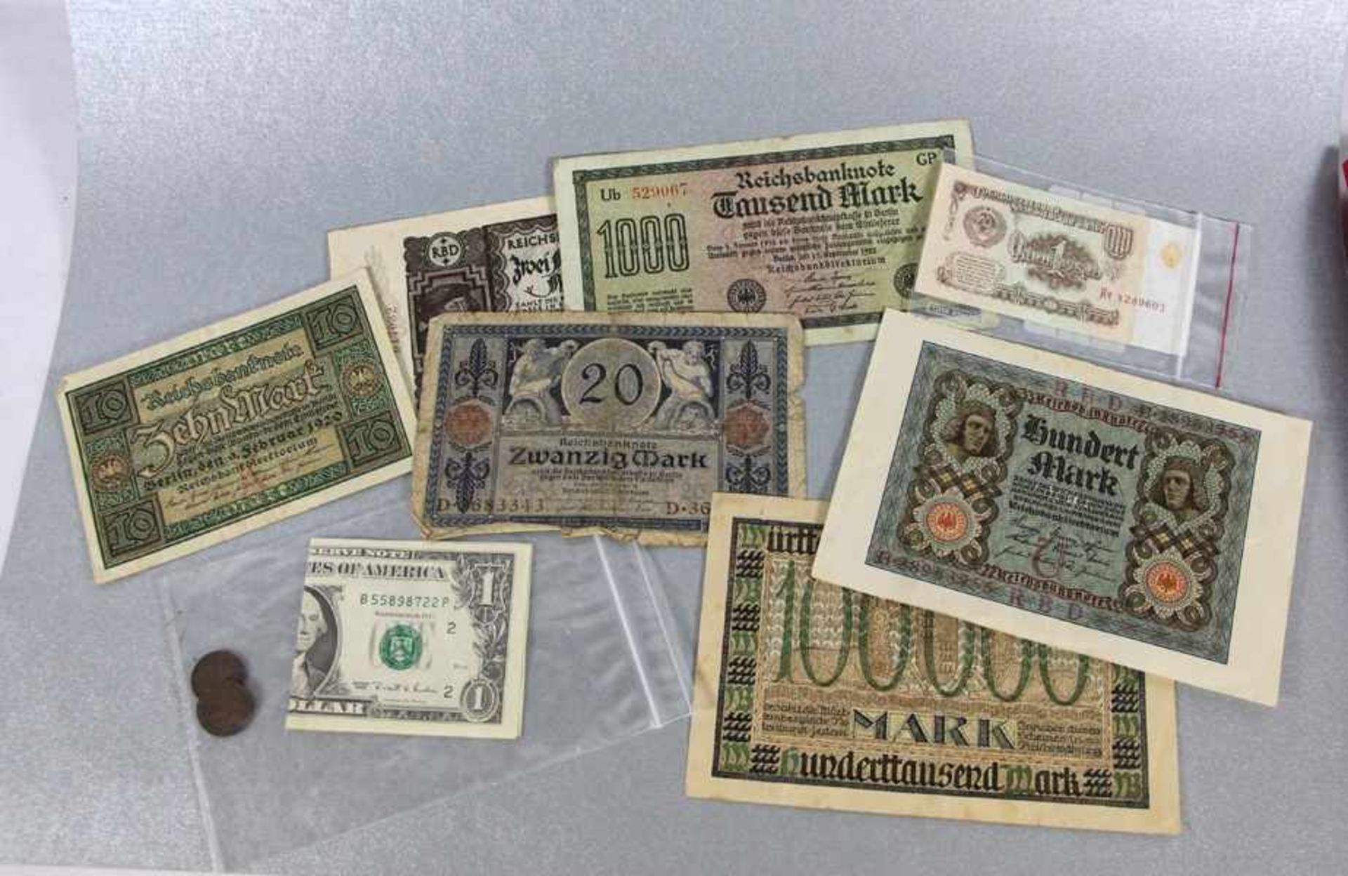 Konvolut Papiergeld10tlg., 5 versch. Reichsbanknoten, 1 Schein Württemb. Notenbank, 1 Schein