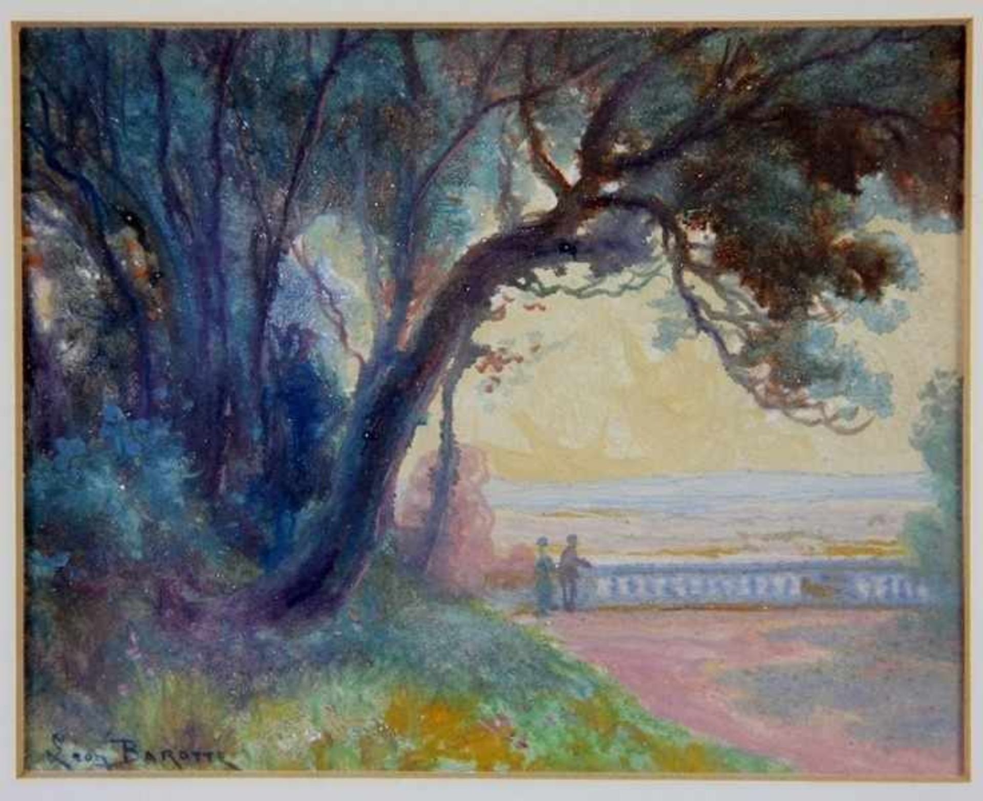 Barotte, Leon1866-1933, Aquarell/Mischtechnik, abendliche Parklandschaft mit markanten Bäumen, im