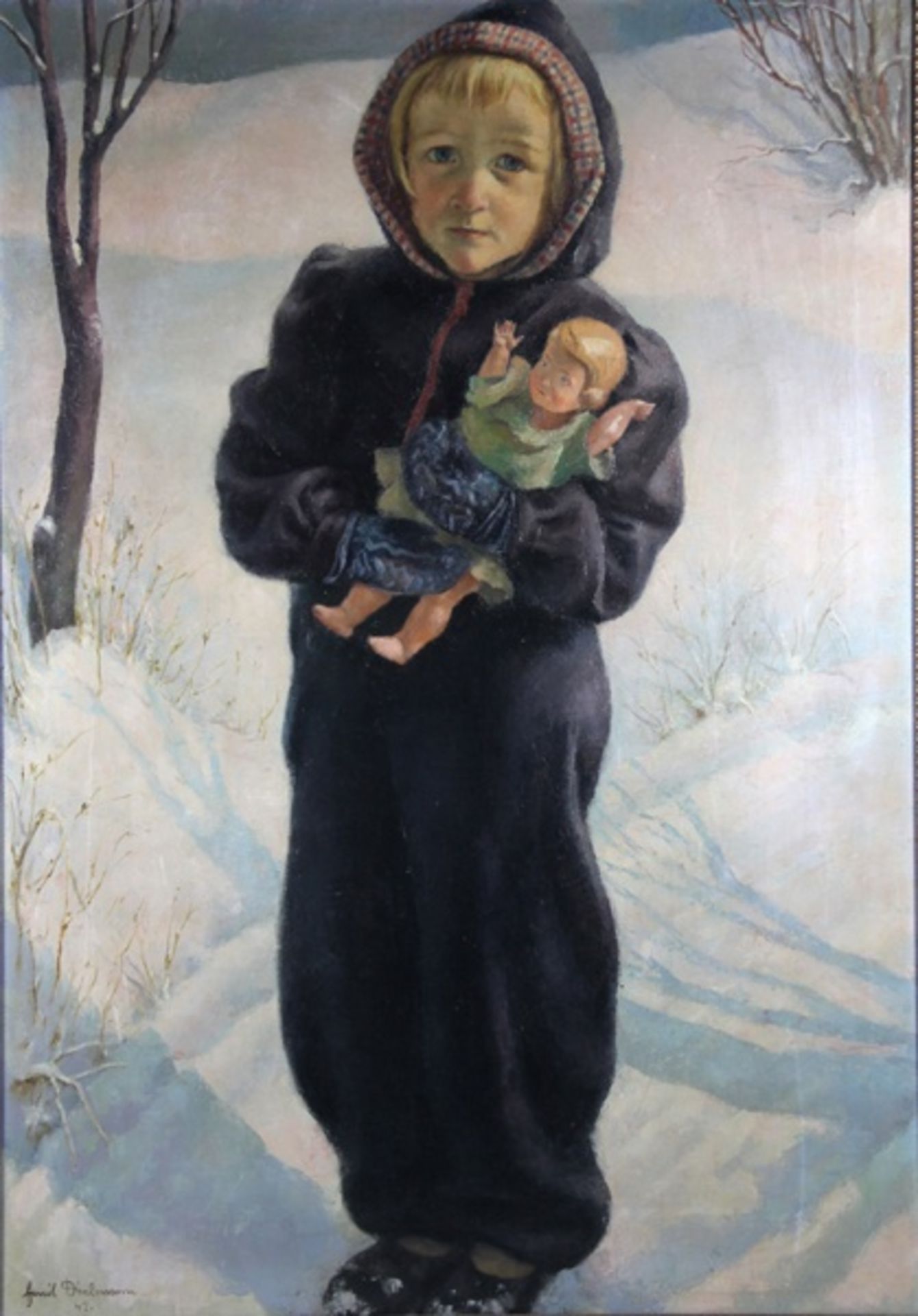 Dielmann, Emil1897-1954, ganzfiguriges Bildnis eines kleinen blonden Mädchens im Schnee, eine Kapuze