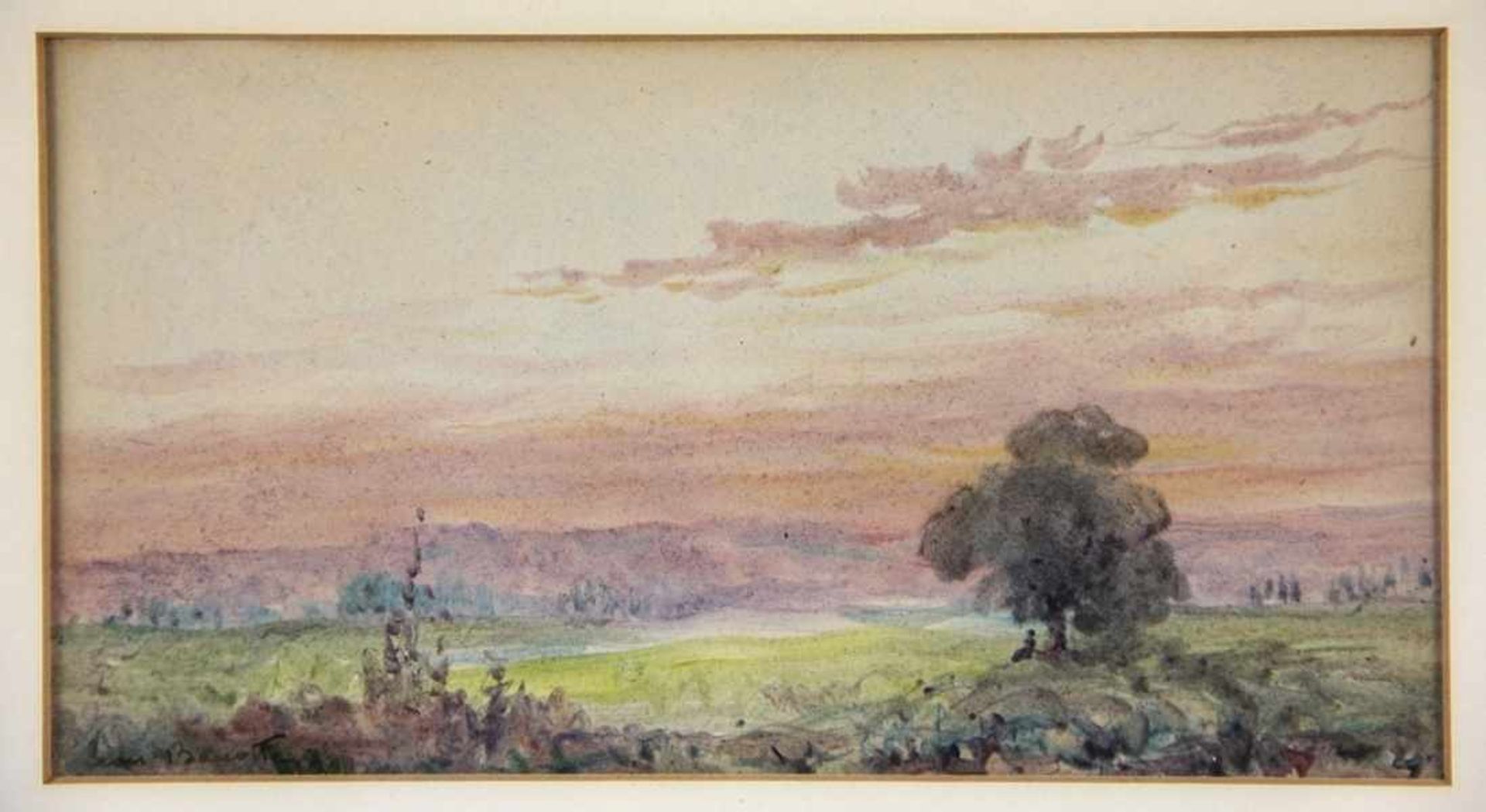 Barotte, Leon1866-1933, Aquarell/Mischtechnik, abendliche Landschaft, unter einem Baum 2 Personen,