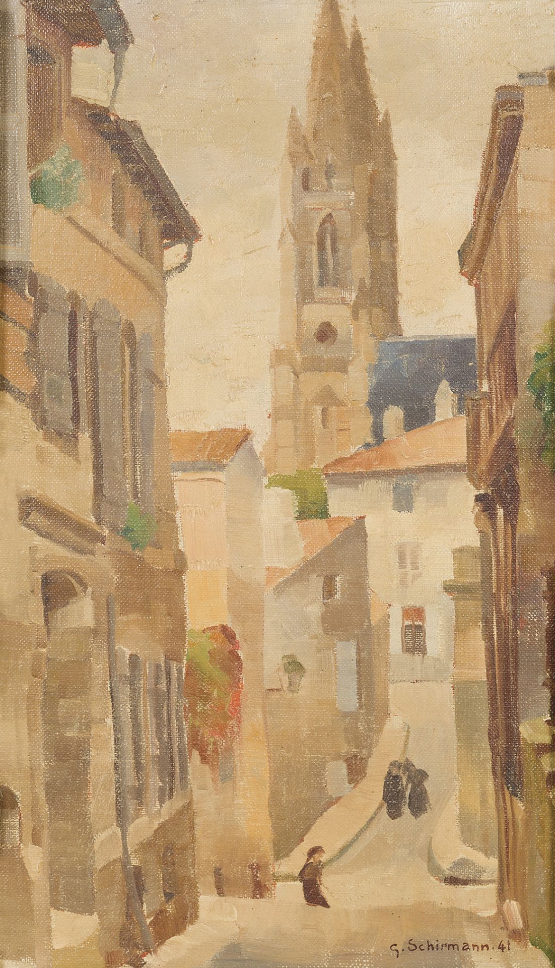 G. SCHIRMANN (XXème siècle). Église et ruelle animée. Huile sur toile, signée en [...]