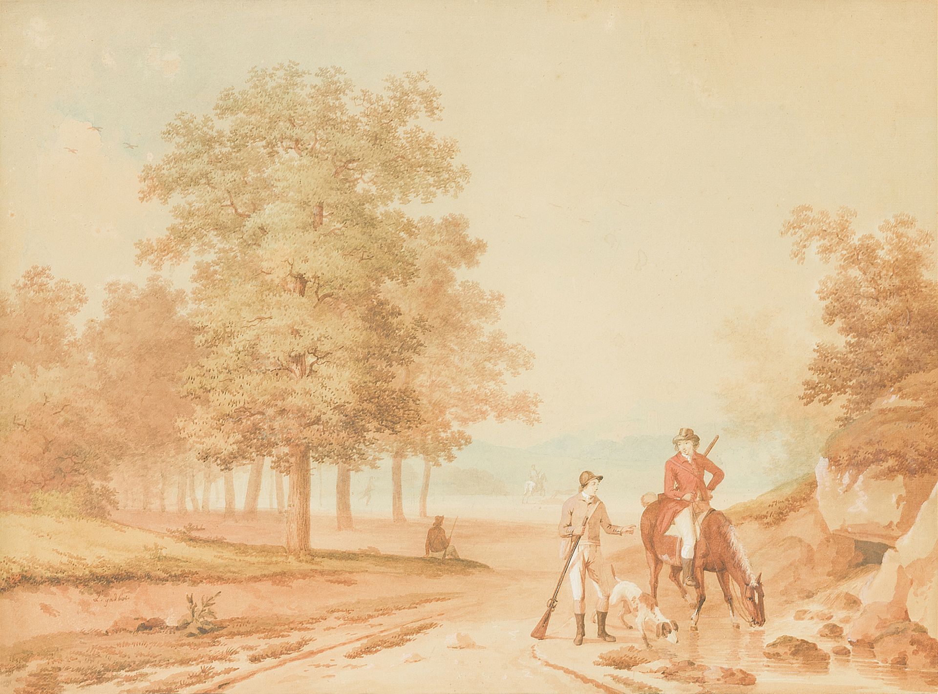 Louis GADBOIS (1770-1826). La halte pendant la chasse. Aquarelle et encre, signée en [...]