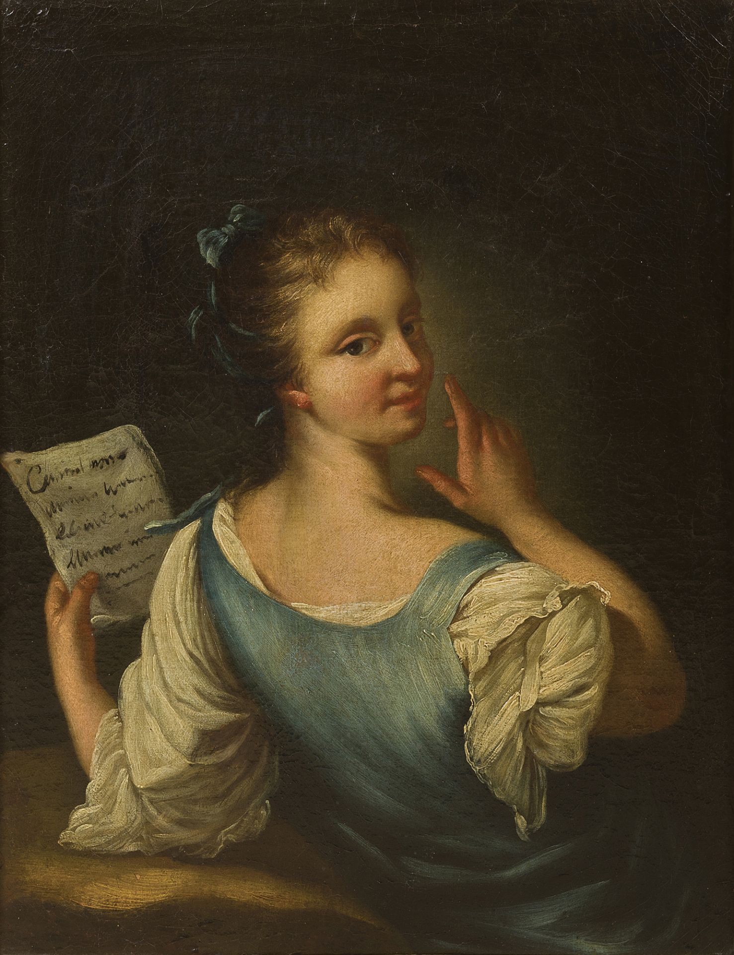 ÉCOLE du XVIIIème siècle. Portrait de femme à la lettre, de dos, vue de [...]