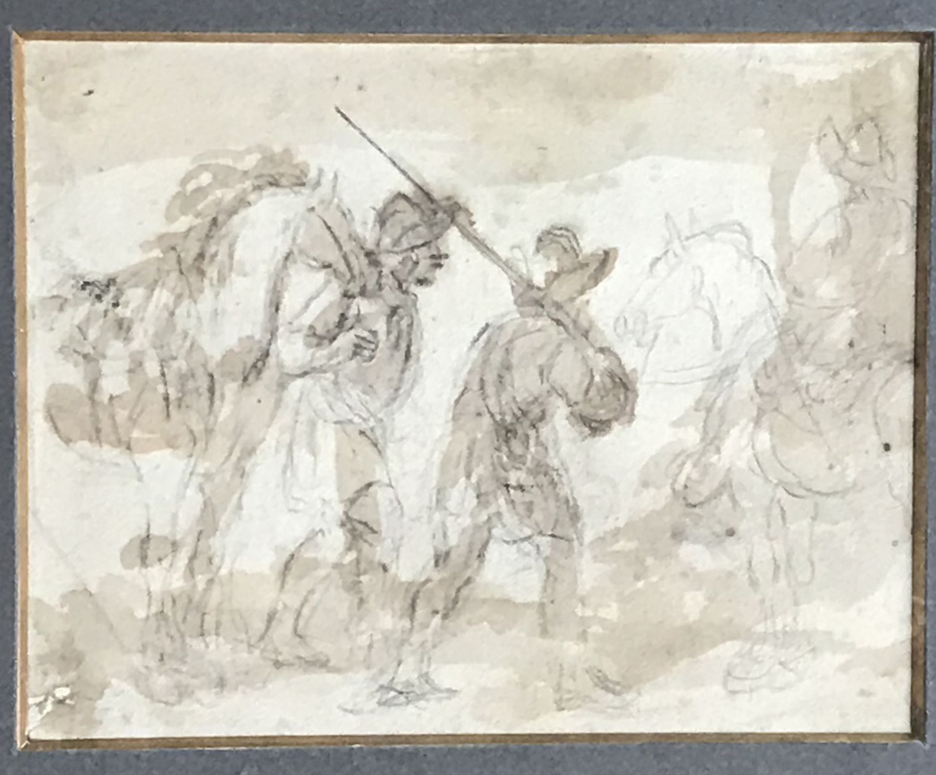 ECOLE du XVIIIème siècle. Deux cavaliers et un soldat armé d'un fusil. Graphite, [...]