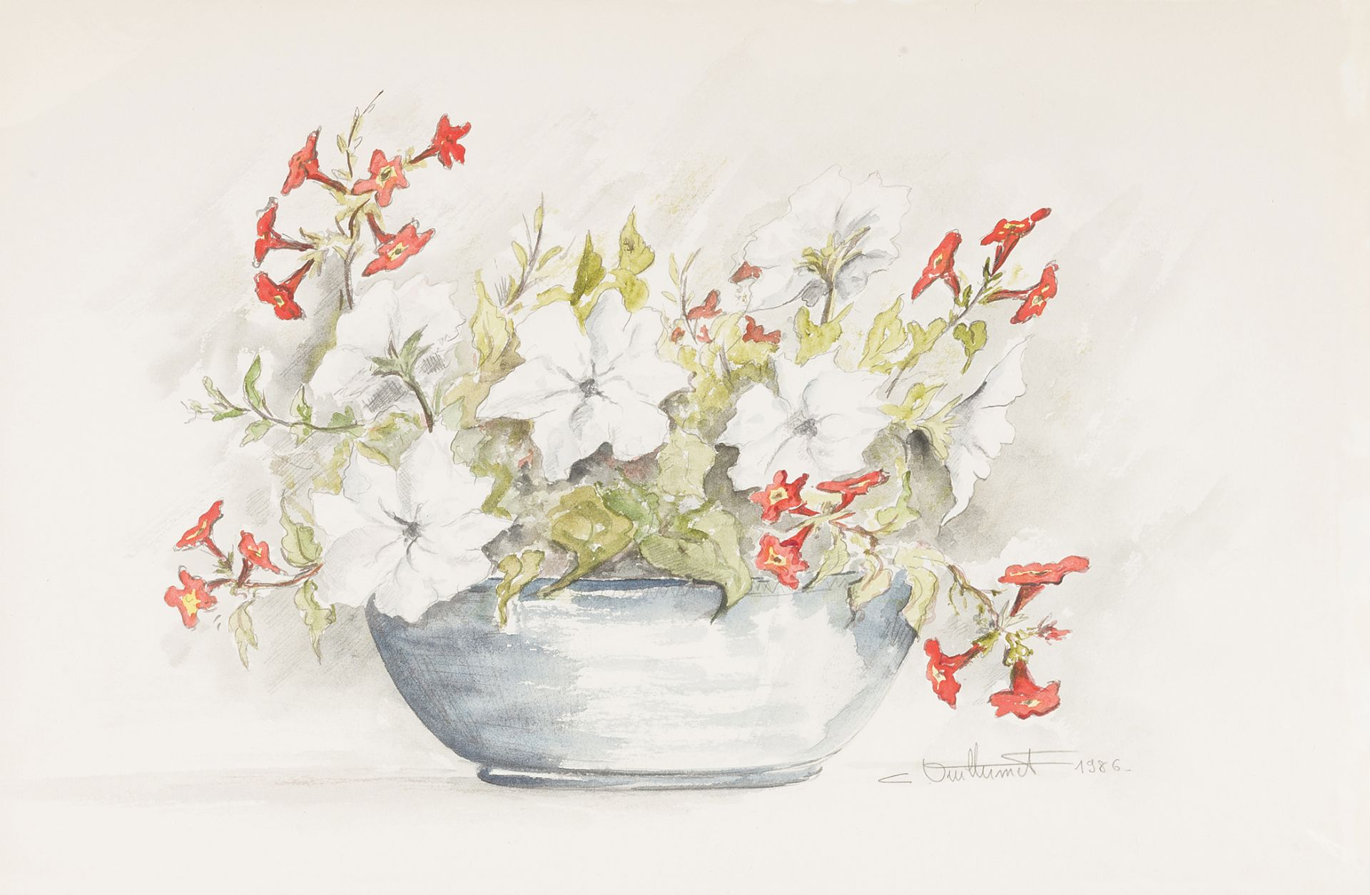 C. GUILLEMET (XXème siècle). Bouquet de fleurs au vase bleu. Aquarelle, signée en [...]