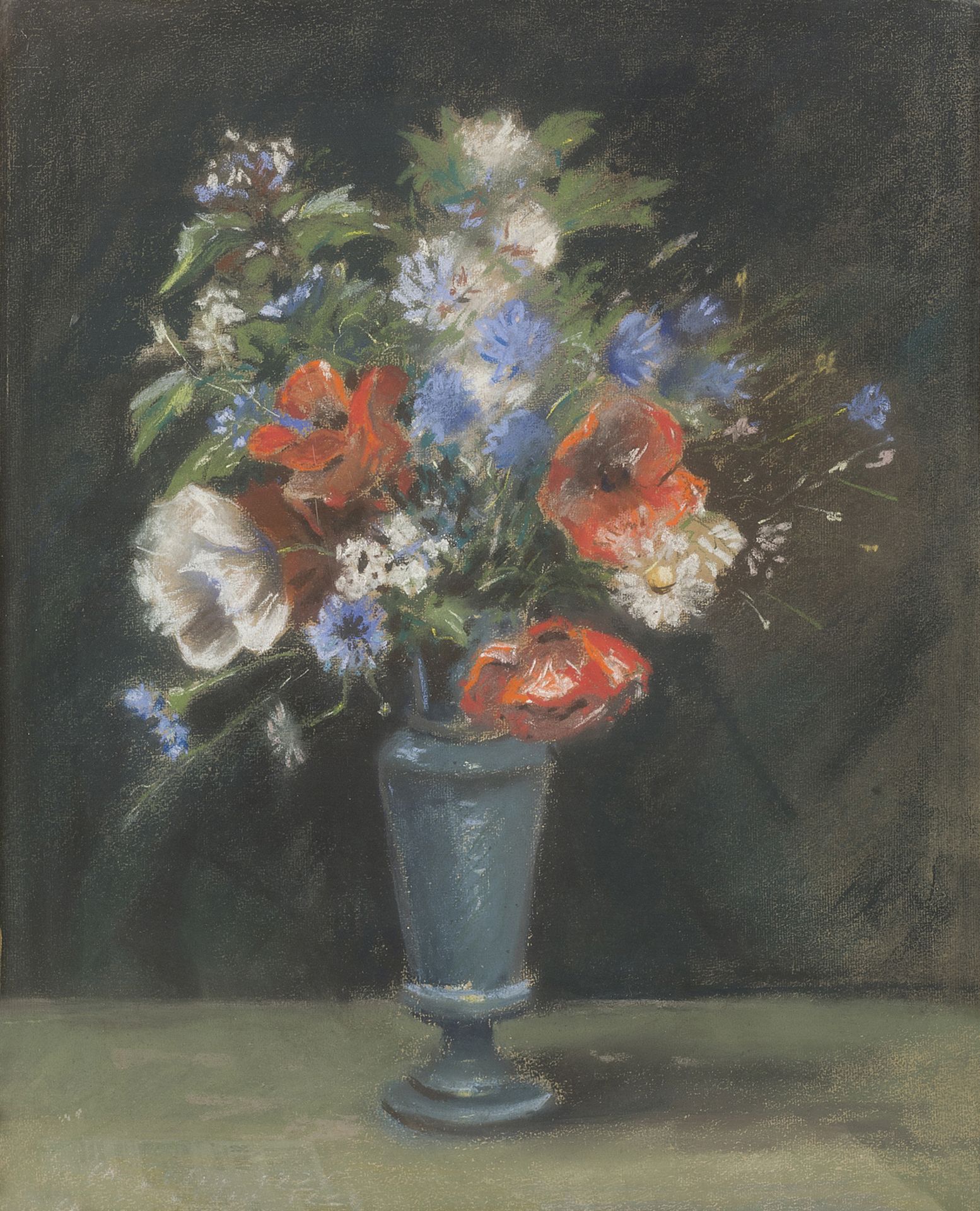 ÉCOLE française du XIXème siècle. Bouquet de fleurs dans un vase bleu. Pastel. [...]