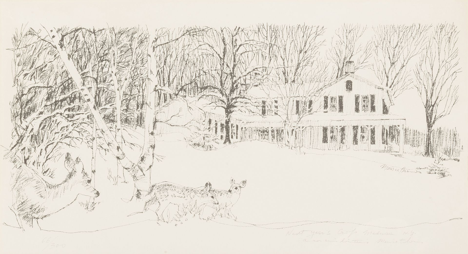 Maurice THOMAS (XXème siècle). Maison enneigée avec biche et faons. Gravure en [...]