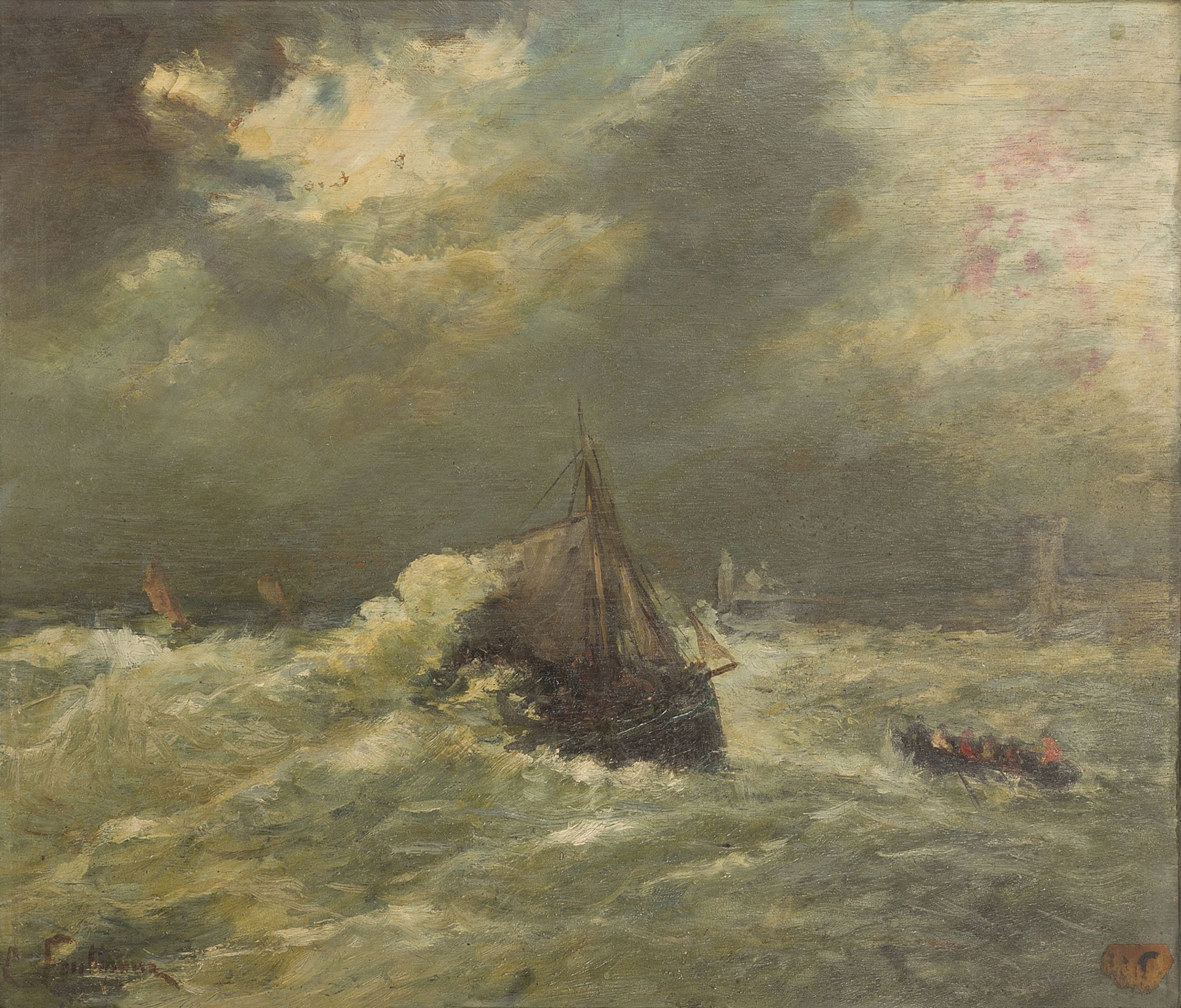 ÉCOLE du XIXème siècle. Marine. Sauvetage en mer. Huile sur panneau, signée en [...]