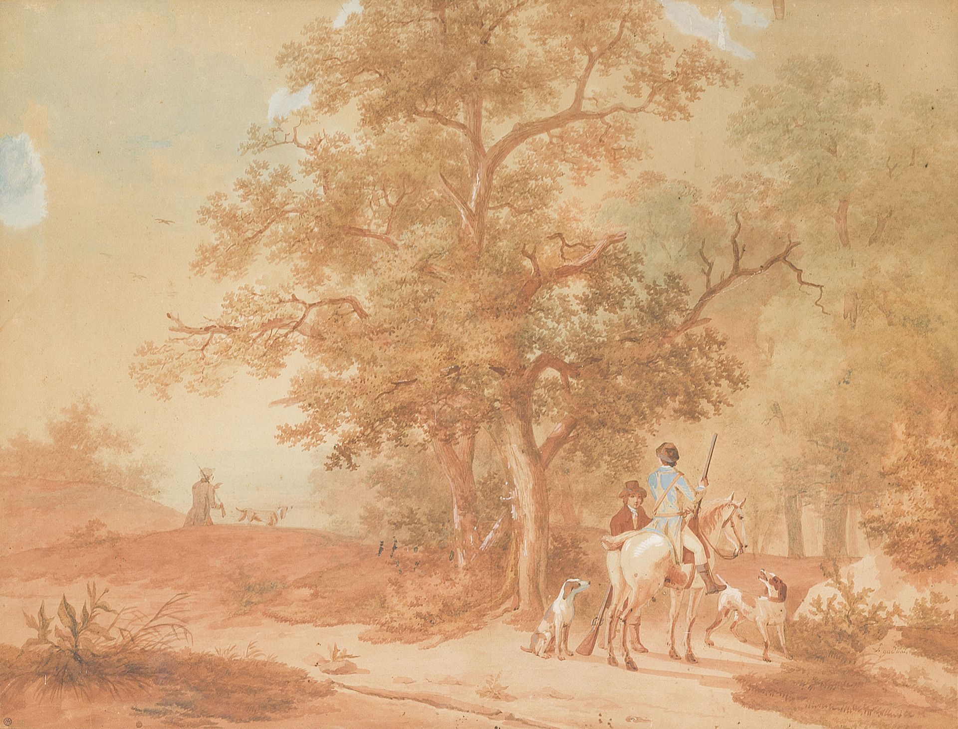 Louis GADBOIS (1770-1826). À la chasse. Aquarelle et encre, signée en bas à [...]