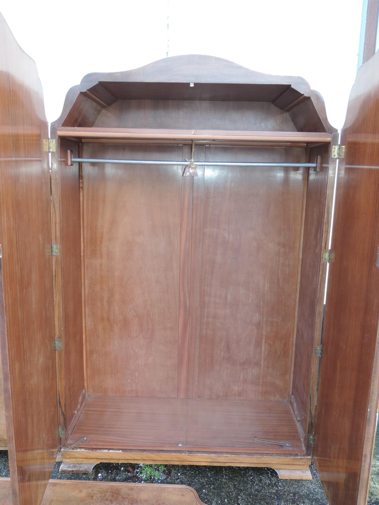 1930's Suite of Burr Walnut Veneered Bedroom Furniture - Wardrobe, Tallboy, Headboard, Dressing - Image 3 of 8