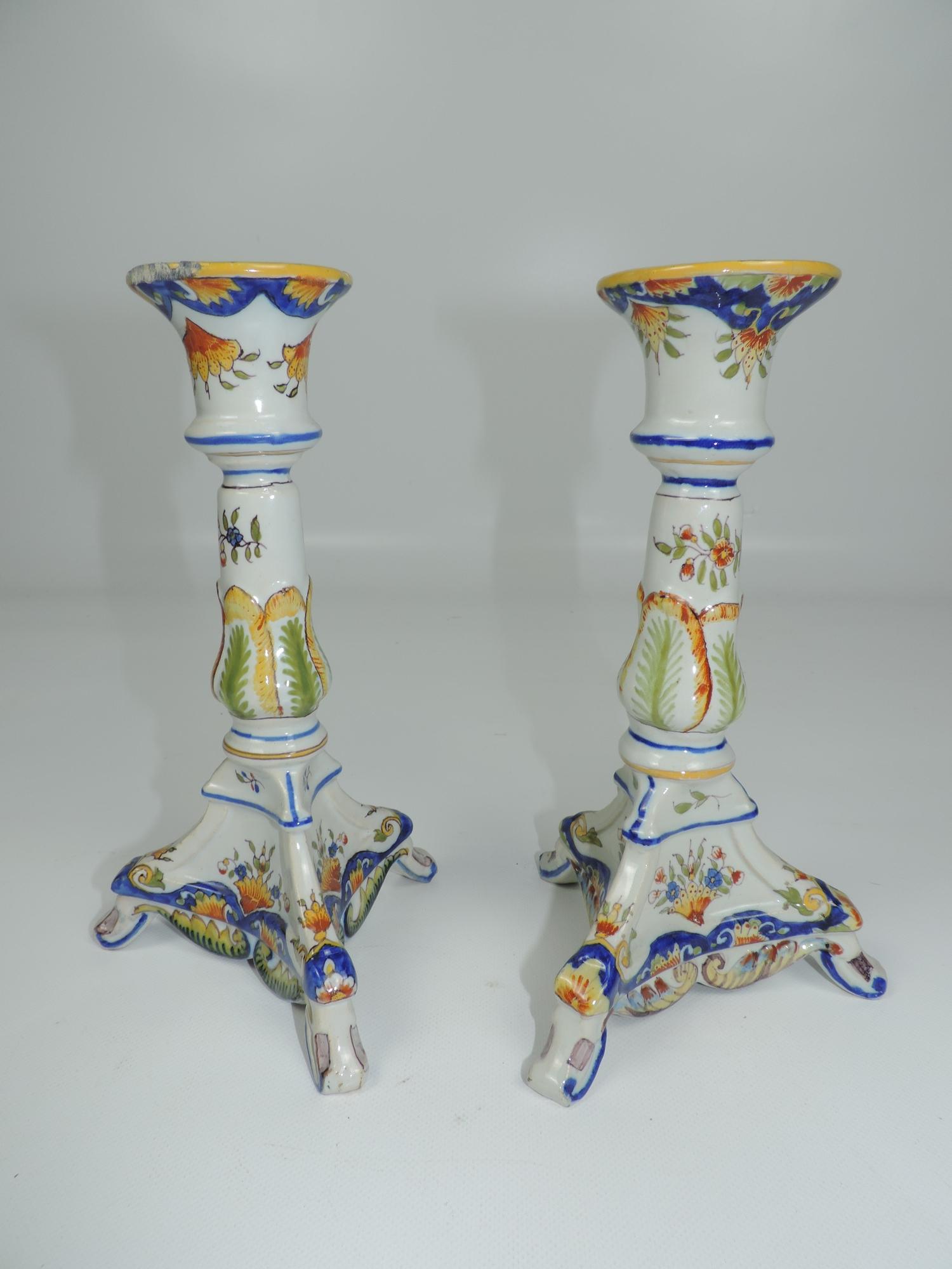 Pair of Roven French Faience Victorian Tin Glazed Candlesticks