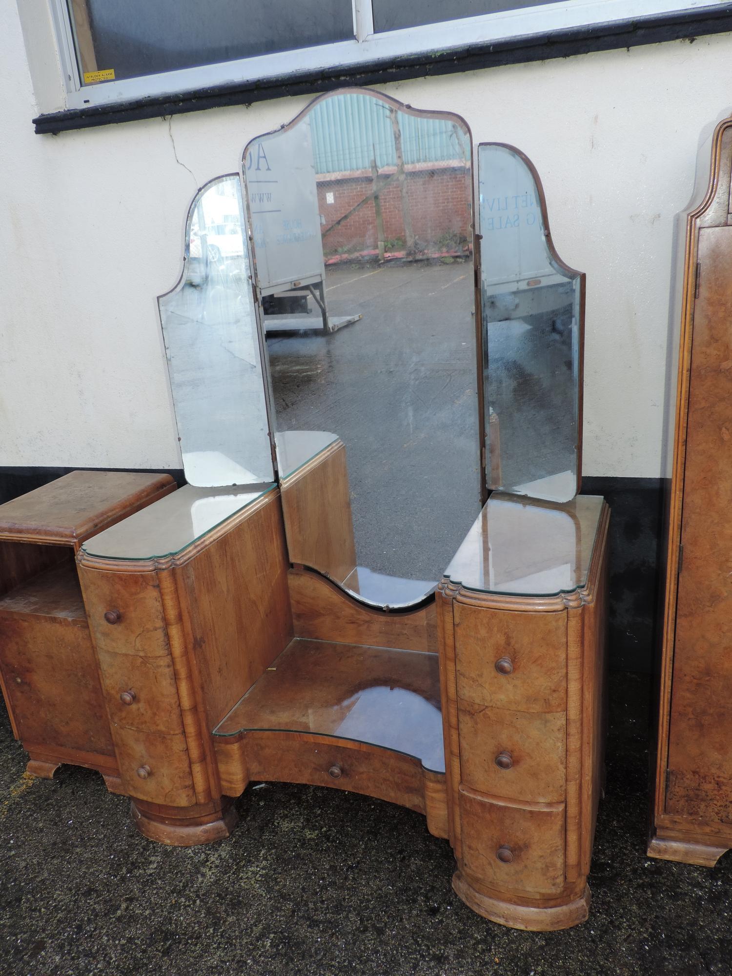 1930's Suite of Burr Walnut Veneered Bedroom Furniture - Wardrobe, Tallboy, Headboard, Dressing - Image 6 of 8