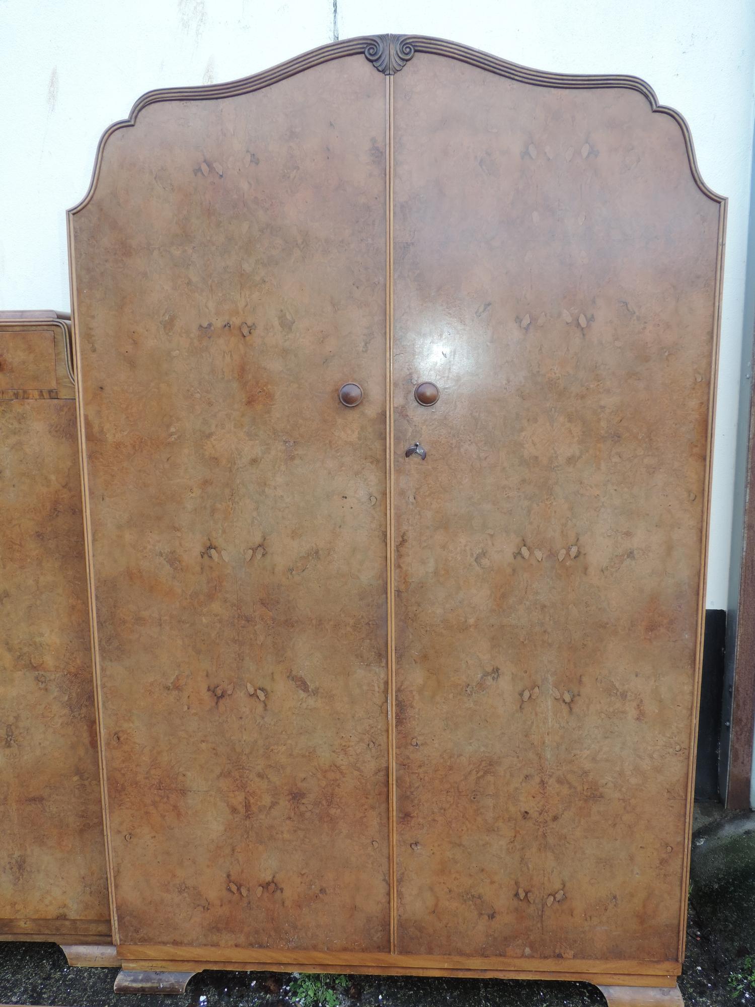 1930's Suite of Burr Walnut Veneered Bedroom Furniture - Wardrobe, Tallboy, Headboard, Dressing - Image 2 of 8