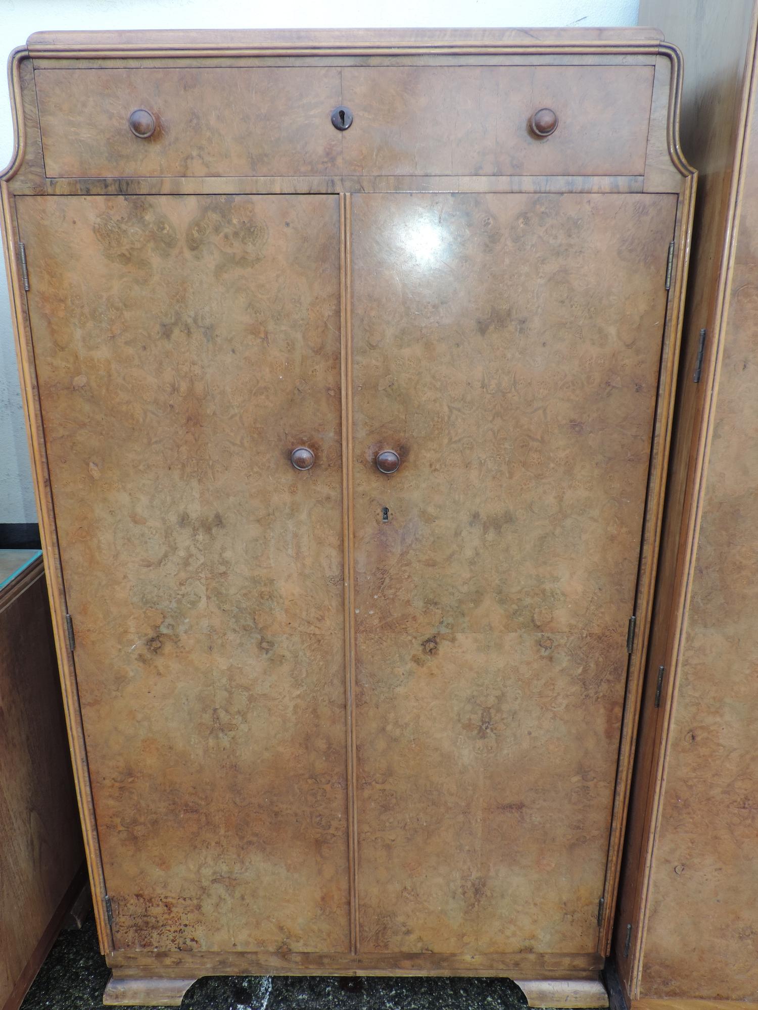 1930's Suite of Burr Walnut Veneered Bedroom Furniture - Wardrobe, Tallboy, Headboard, Dressing - Image 4 of 8