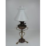 Copper and Brass Oil Lamp Base with Chimney and Milk Glass Globe - 26" Tall