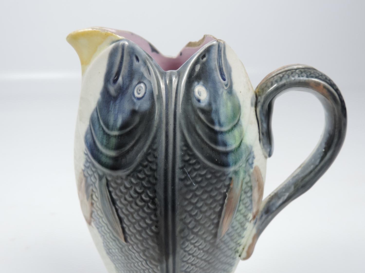 Pair of Majolica Fish Pitches Circa 1880 and a Majolica Basket - Image 3 of 5