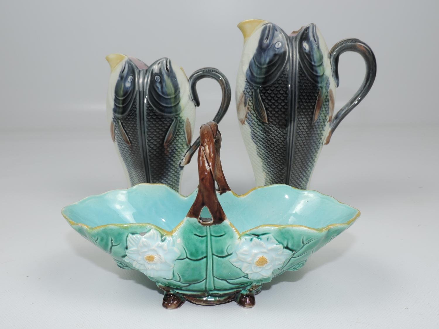 Pair of Majolica Fish Pitches Circa 1880 and a Majolica Basket