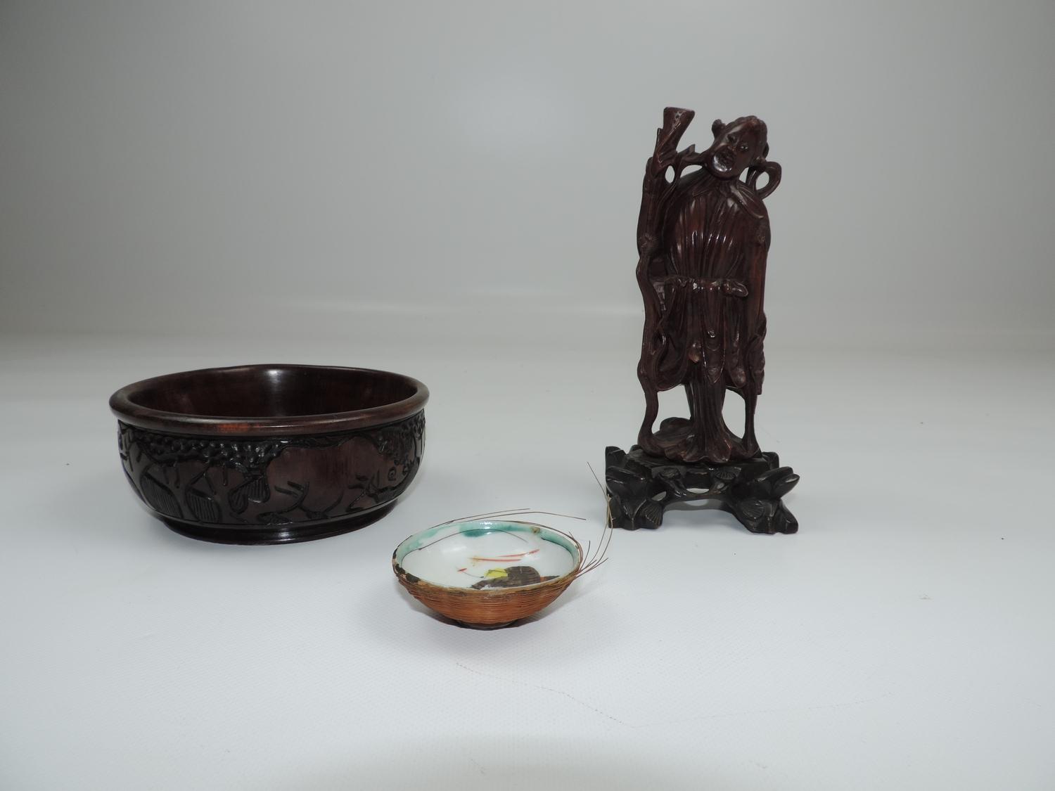 Oriental Wood Carved Ornament, Bowl and Ceramic Pin Dish