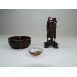 Oriental Wood Carved Ornament, Bowl and Ceramic Pin Dish