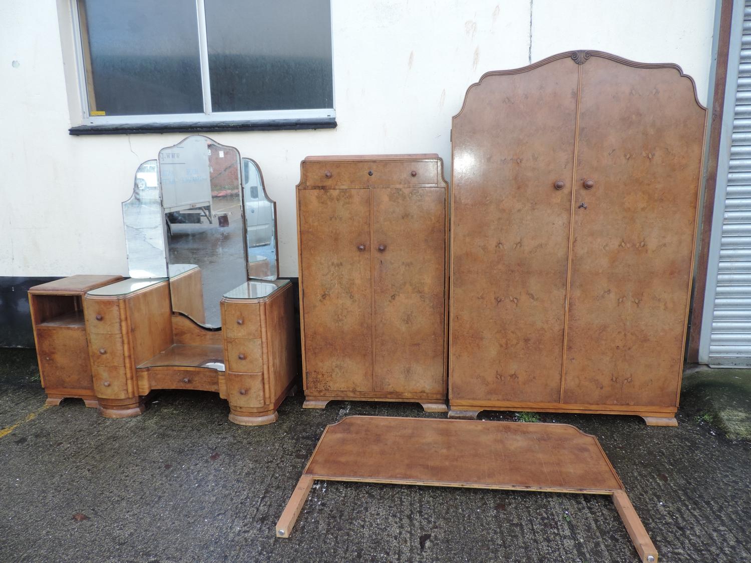 1930's Suite of Burr Walnut Veneered Bedroom Furniture - Wardrobe, Tallboy, Headboard, Dressing