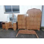 1930's Suite of Burr Walnut Veneered Bedroom Furniture - Wardrobe, Tallboy, Headboard, Dressing