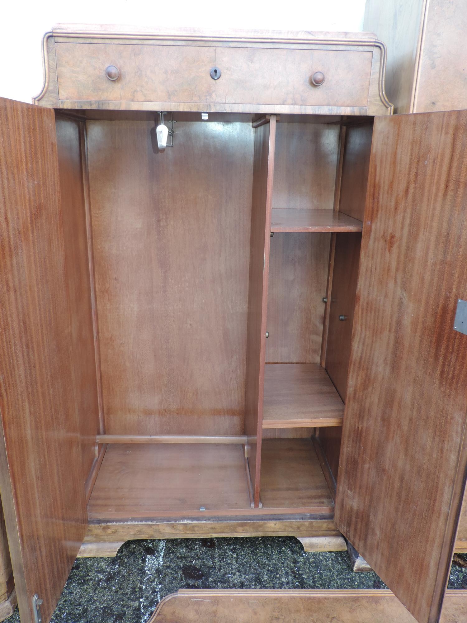 1930's Suite of Burr Walnut Veneered Bedroom Furniture - Wardrobe, Tallboy, Headboard, Dressing - Image 8 of 8