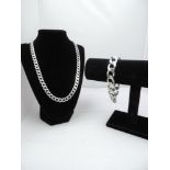 A Chunky Silver Curb Link Chain Bracelet with Matching Necklace, both with Claw Clasp and both