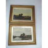 Pair of Signed Gilt Framed Oil on Canvas - Rural Scenes - Visible Picture 17" x 11.5"
