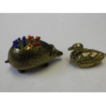 Brass Hedgehog Pin Cushion and Brass Duck Ornament