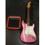 Pink Squier Fender Stratocaster Guitar, Practice Amp, Strap, Lead and Padded Bag