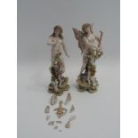 Pair of Glazed Hand Painted Bisque Angel Figures - Anchor Mark to Base (one damaged) - 9.5" High