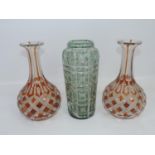 Bohemian Flashed Glass Pair of Ruby Decanters and Green Glass Vase - Crack and Old Staple Repair