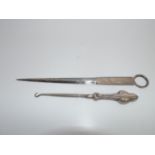 Silver Plated Meat Skewer and a Silver Handled Button Hook