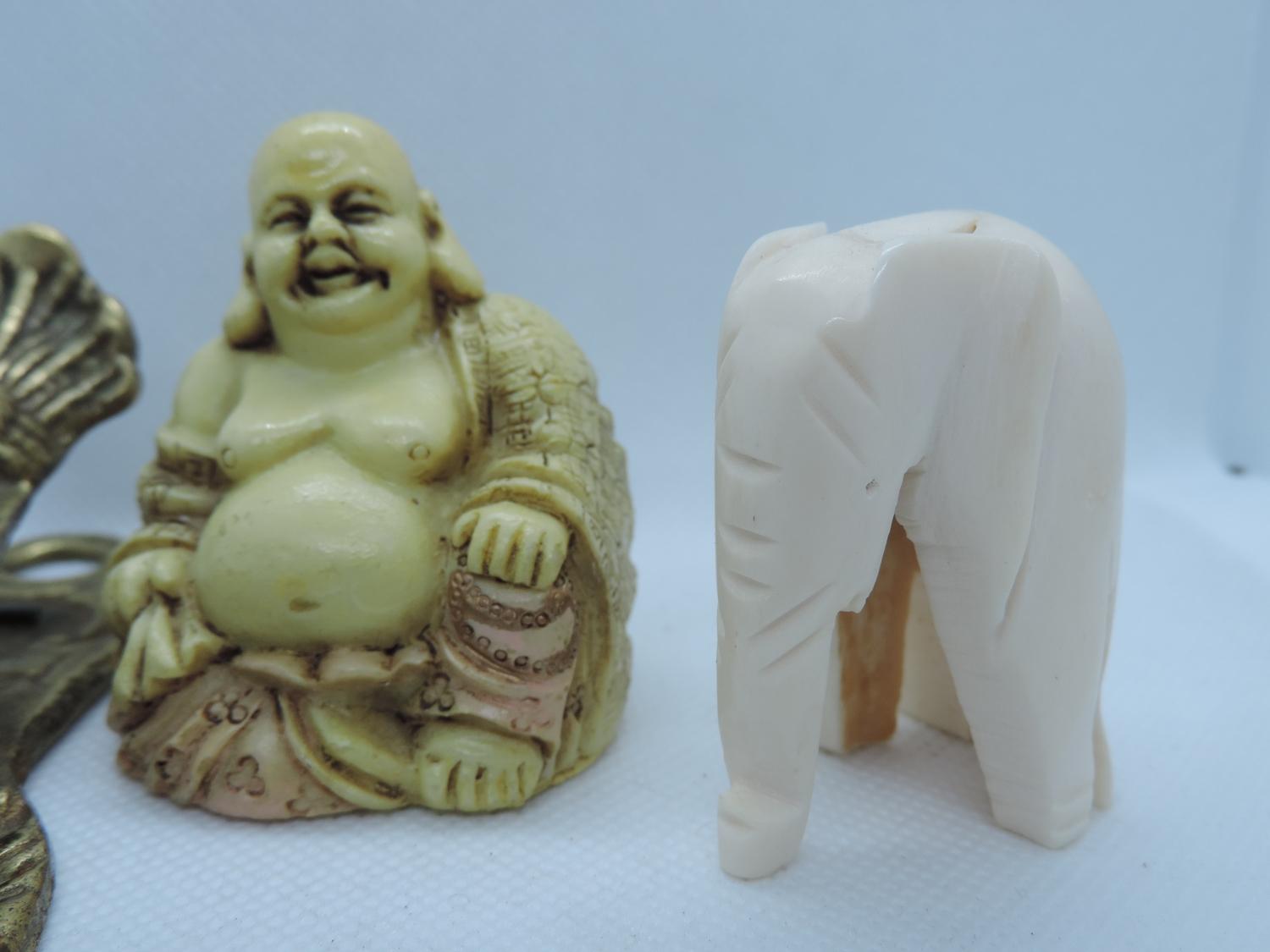 Brass Desk Clip, Carved Buddha Ornament and Small Elephant Ornament - Image 2 of 5