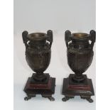 Pair of C19th Grecian Neoclassical Bronze Urns on Slate and Marble Bases with Numbered Feet - 10"