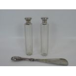 Pair of Victorian Silver Topped Dressing Table Bottles and an Art Nouveau Silver Handle Shoe Horn