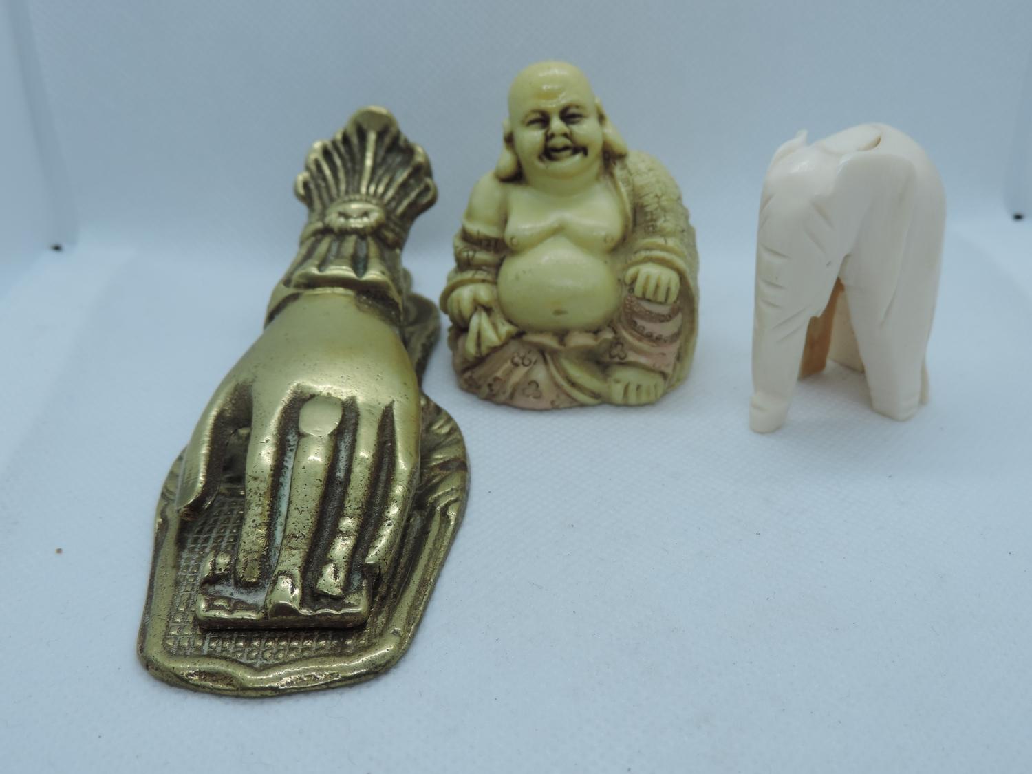 Brass Desk Clip, Carved Buddha Ornament and Small Elephant Ornament