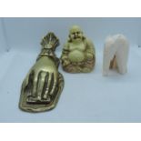 Brass Desk Clip, Carved Buddha Ornament and Small Elephant Ornament