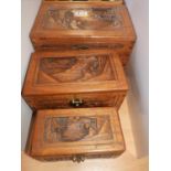 Set of 3x Graduated Carved Camphor Wood Trinket Boxes