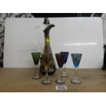 Coloured Glass Decanter with 5x Matching Glasses with Silver Overlay