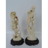 2x Carved Oriental Ivory Figures on Fruit Wood Plinths - One with Repair - One Stands 9" Tall the