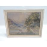Signed Victorian Watercolour - Mountains and Sailing Sloop (Indistinct Signature) - Visible