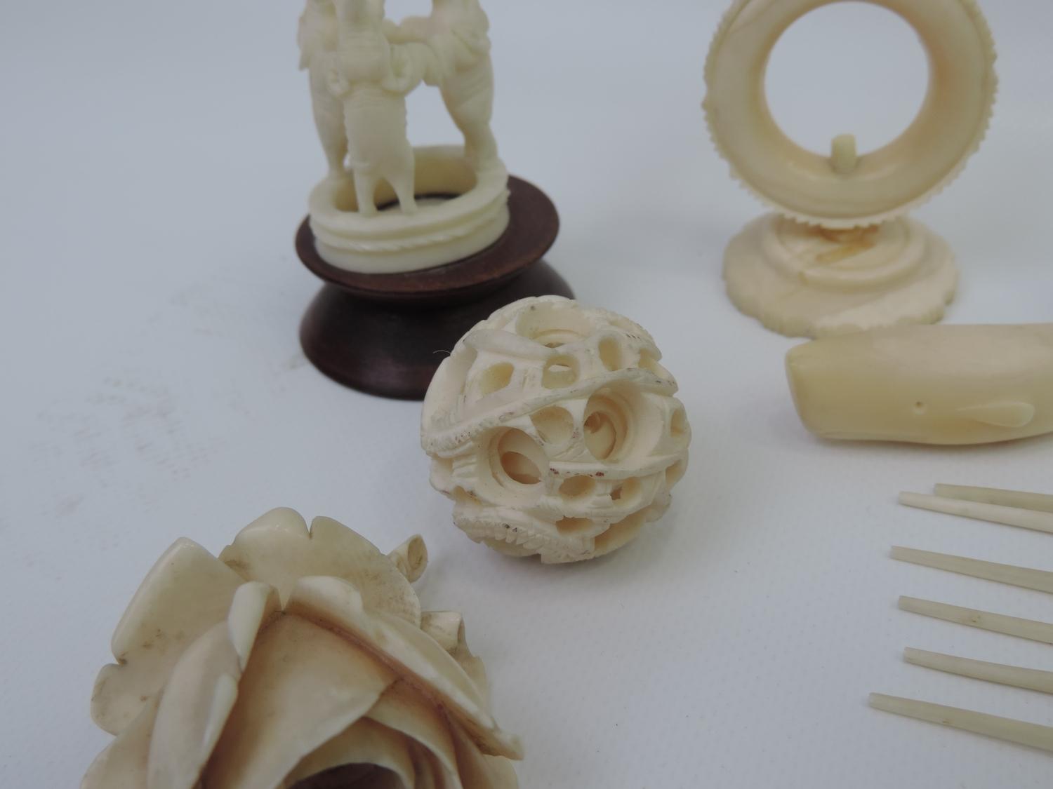 Quantity of Carved Bone and Ivory Ornaments - To Include Brooch and Puzzle Ball - Image 5 of 6