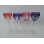 Set of 4x Cut Crystal Wine Glasses - 1x Pink 1x Red and 2x Purple