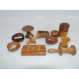 A Selection of Victorian Treen including an Olive Wood Inkwell, Snuff Box, 2x Mushrooms, an Egg Cup,