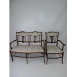 Edwardian Mahogany Inlaid Salon Sofa and Matching Armchair