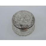 Cut Glass Dressing Table Pot with Embossed Sterling Silver Lid - Silver Hallmarked Birmingham 1899