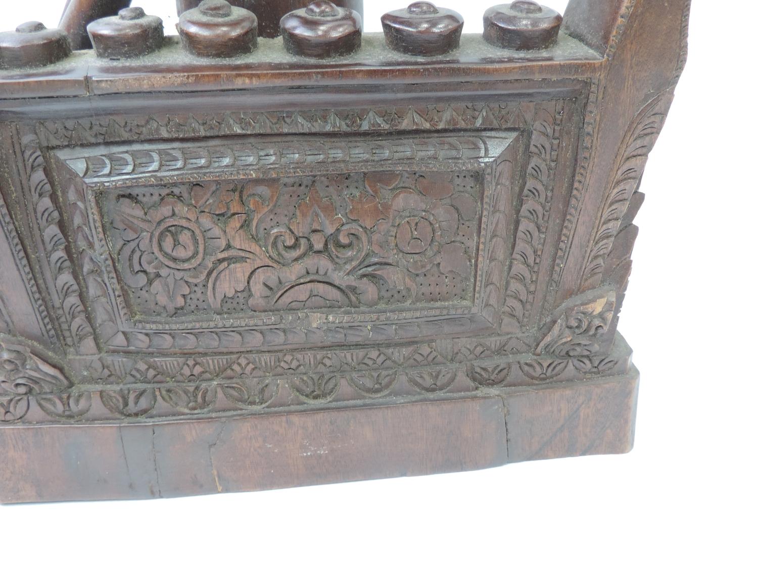 2x Large Carved Dark Wood Oriental Pieces Depicting Figures Playing Musical Instruments - Image 7 of 7