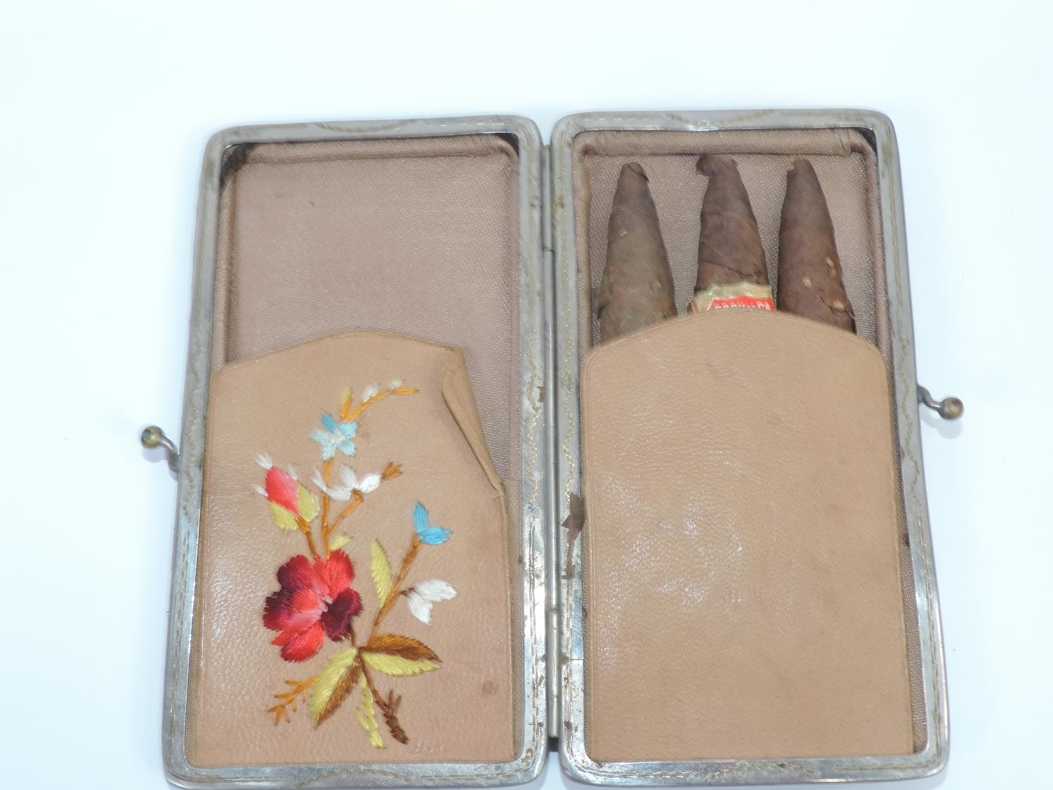 Silver Mounted Leather Cigar Case and Contents - 3x Cigars - Unmarked - Image 3 of 4