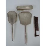 Art Deco Sterling Silver Dressing Table Brushes and Hand Mirror - Engine Turned Design with Vacant